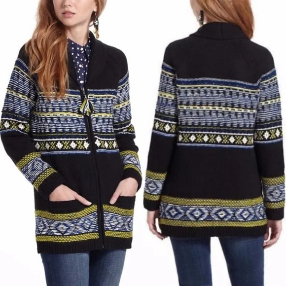 Anthropologie Sparrow Batley Fairisle Black Multi Cardigan Sweater Coat Medium - Picture 3 of 8